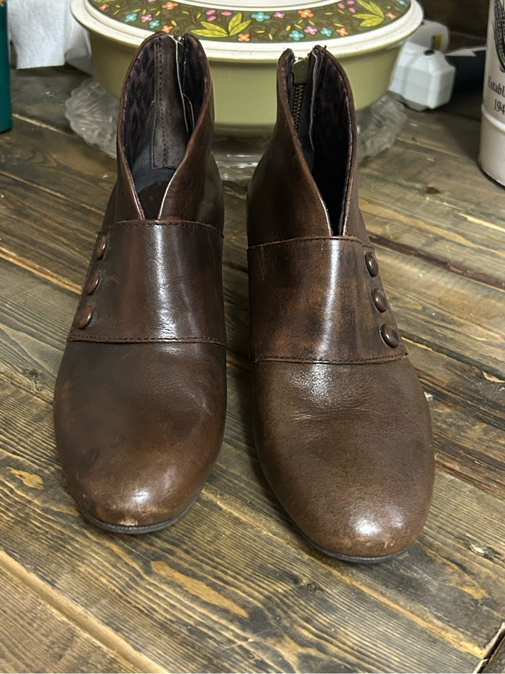 Born Women's Brown Leather Ankle Booties with Button Detail